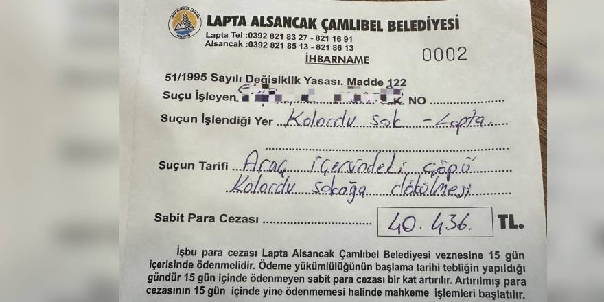 LAÇ Belediyesi’nden araçtan çöp atan sürücüye 40.436 TL ceza